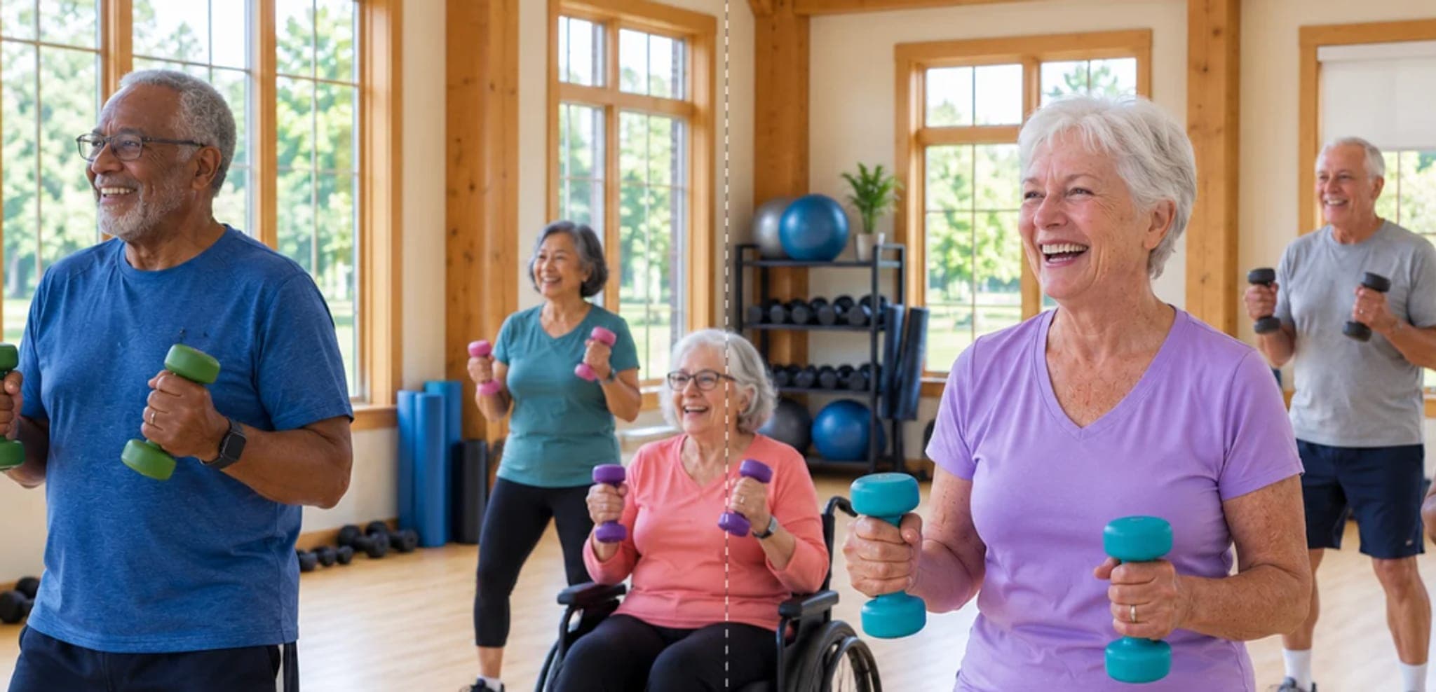 Older adults smiling while lifting light dumbbells together in a bright, sunlit studio, including a participant training from a wheelchair.
